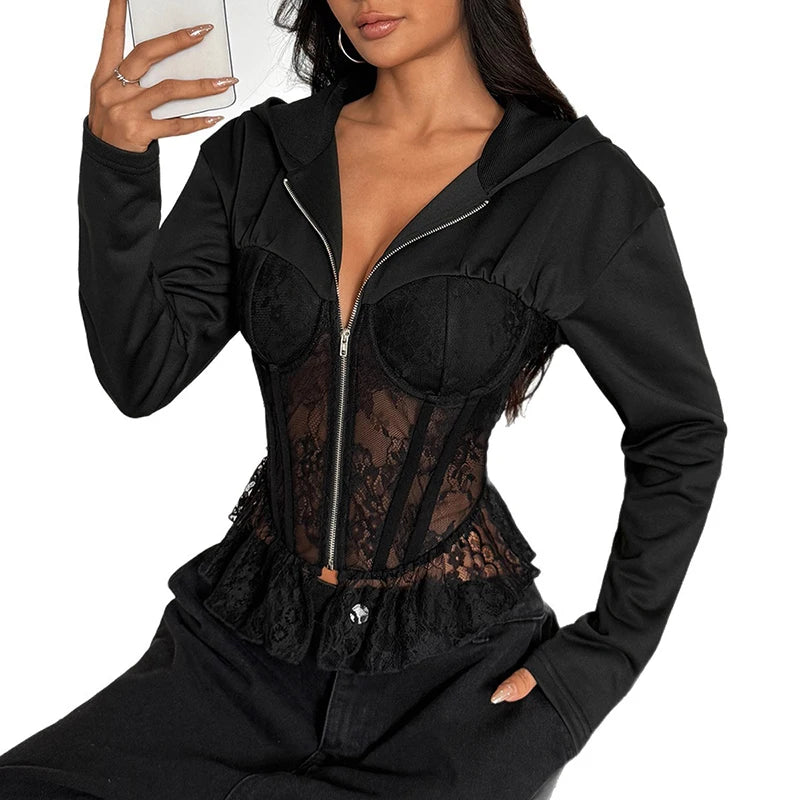 Veste à capuche en dentelle et fermeture éclair pour femmes