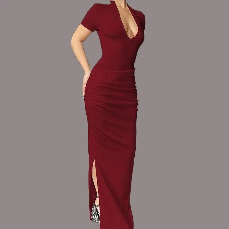 Robe longue sexy à manches courtes et taille croisée pour femmes