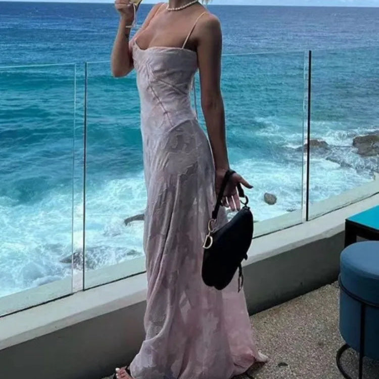 Robe longue en dentelle à bretelles spaghetti pour femmes