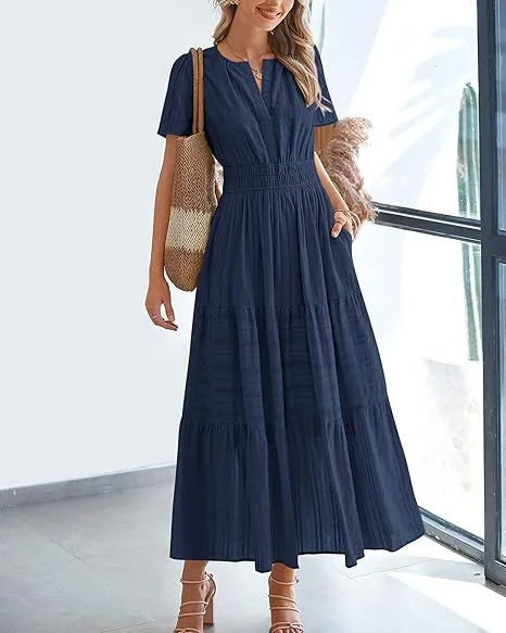 Robe longue plissée élégante style français à col en V pour femmes