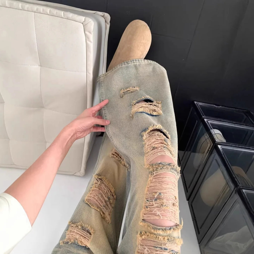 Jean en denim délavé et vieilli style rétro pour femmes
