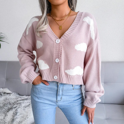 Cardigan Femme – Col V et Motif Nuage