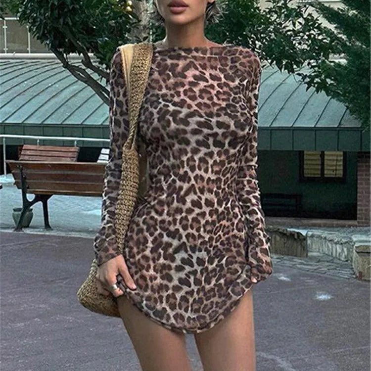 Ensemble robe 2 pièces femme en maille transparente léopard
