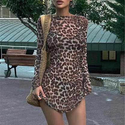Ensemble robe 2 pièces femme en maille transparente léopard