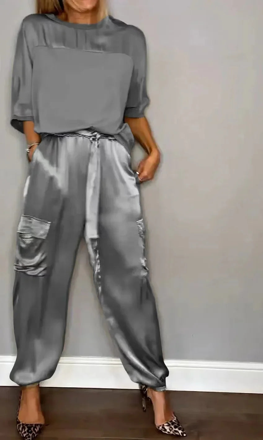 Ensemble deux pièces chemise à manches mi-longues et pantalon décontracté en satin lisse pour femmes