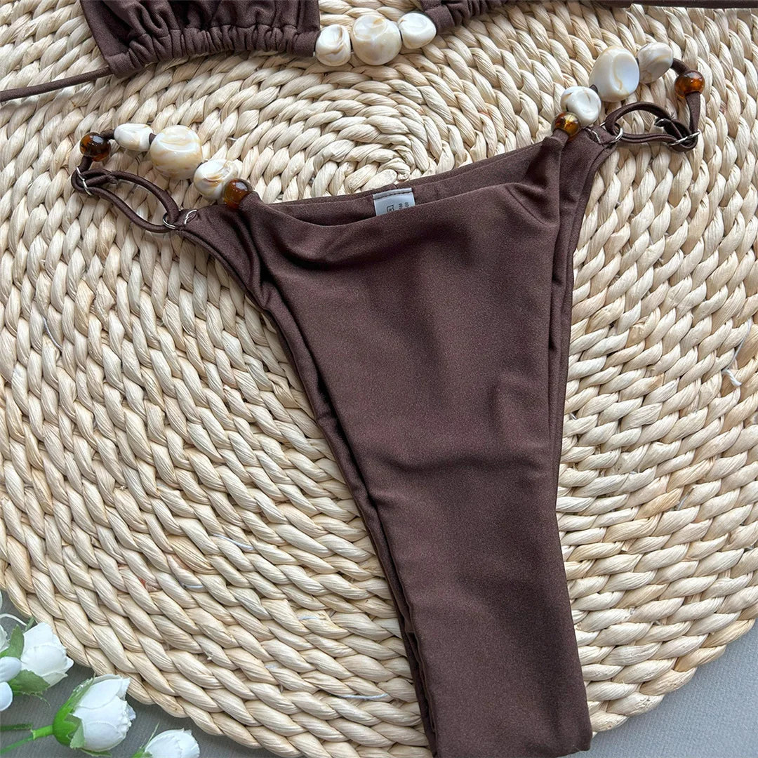 Maillot de bain deux pièces sexy et brillant, col licou, coupe haute, pour femmes