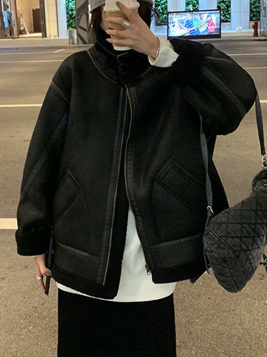 Veste femme vintage en faux daim et fausse fourrure