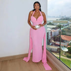 Robe longue moulante unie à dos nu avec liens croisés pour femmes