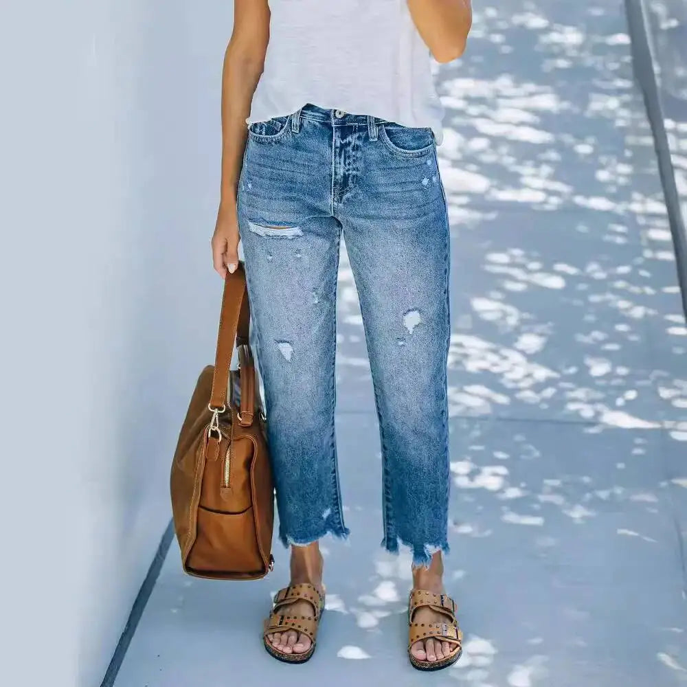Jean taille haute avec trou pour femmes