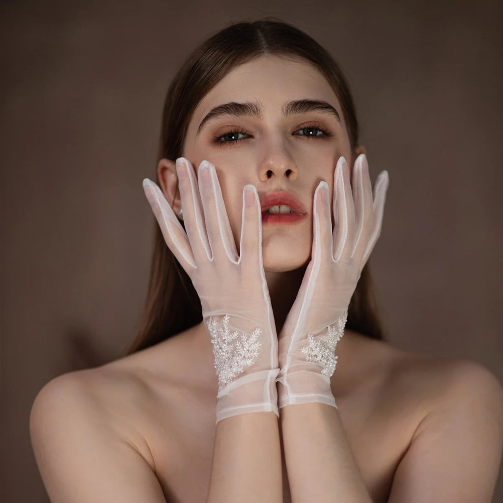 Gants de mariée en tulle doux et perles de cristal pour femmes