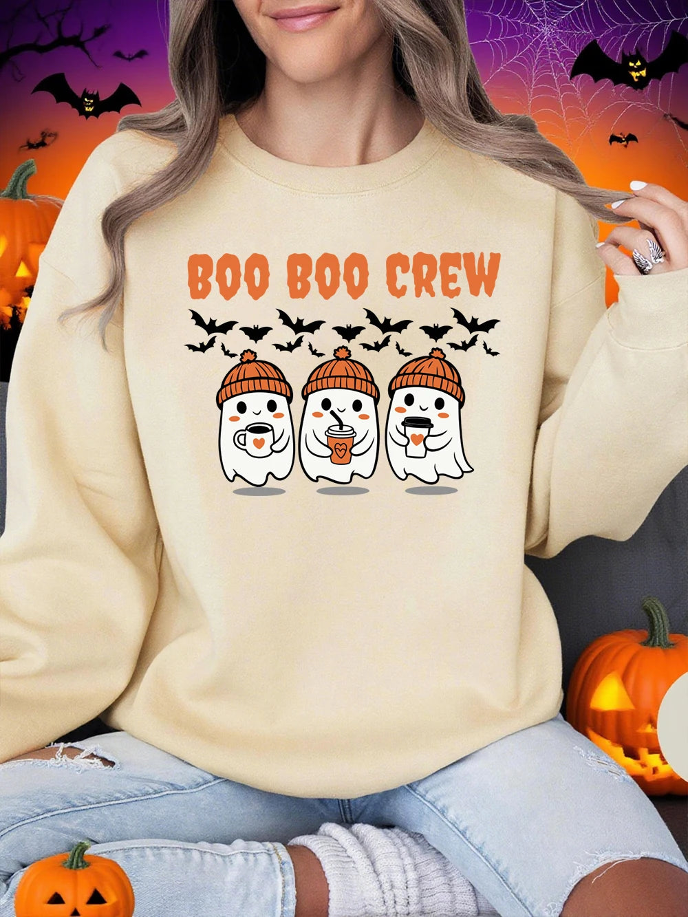 Sweat-shirt d'Halloween Boo Boo Crew à imprimé fantôme pour femmes