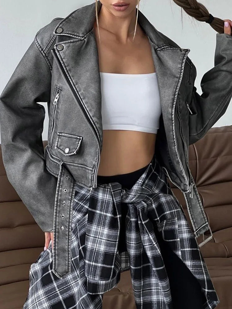 Veste Pu Faux cuir rétro ample avec fermeture éclair pour femmes