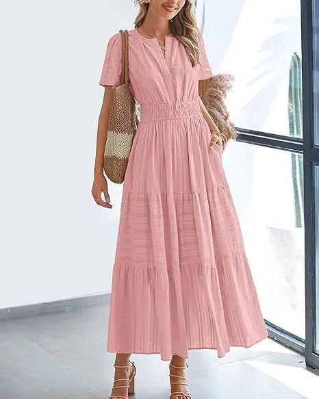 Robe longue plissée élégante style français à col en V pour femmes