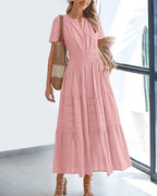 Robe longue plissée élégante style français à col en V pour femmes