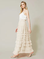 Jupe longue plissée taille haute en tulle pour femmes