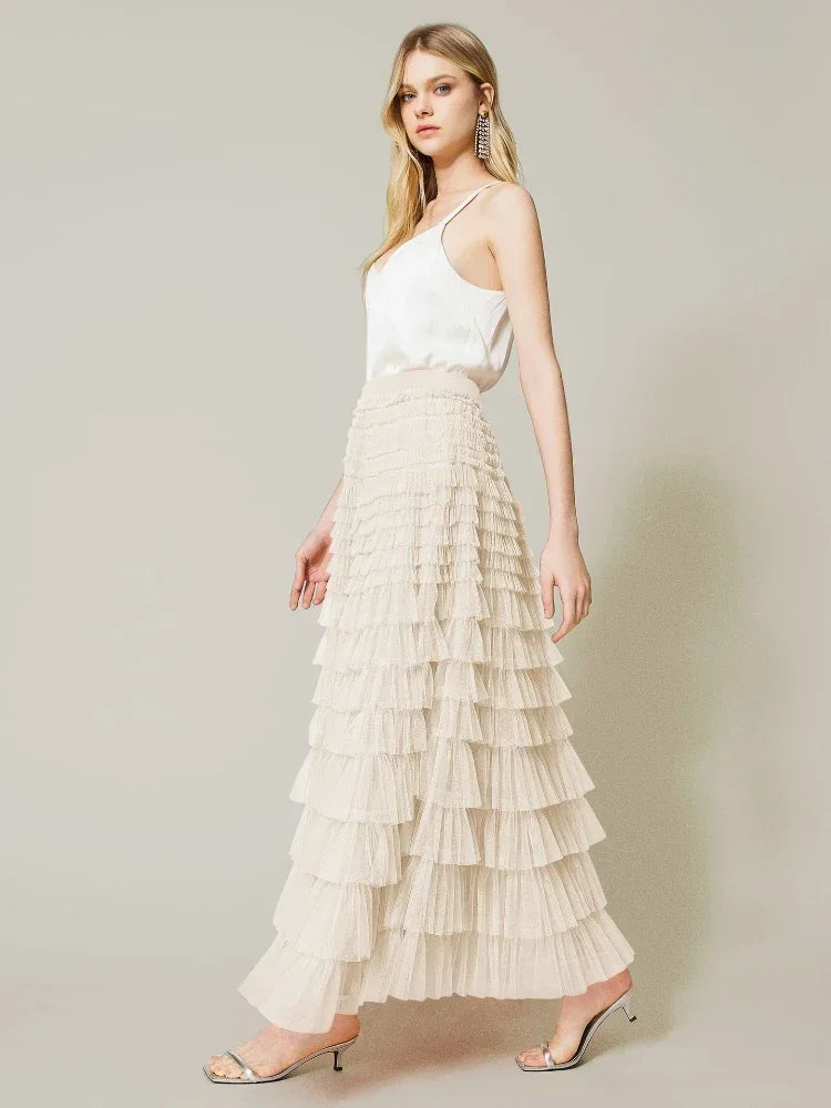 Jupe longue plissée taille haute en tulle pour femmes