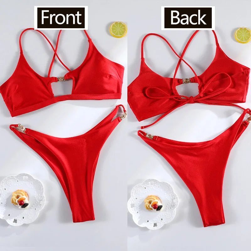 Maillot de bain deux pièces bikini uni Push-up pour femmes