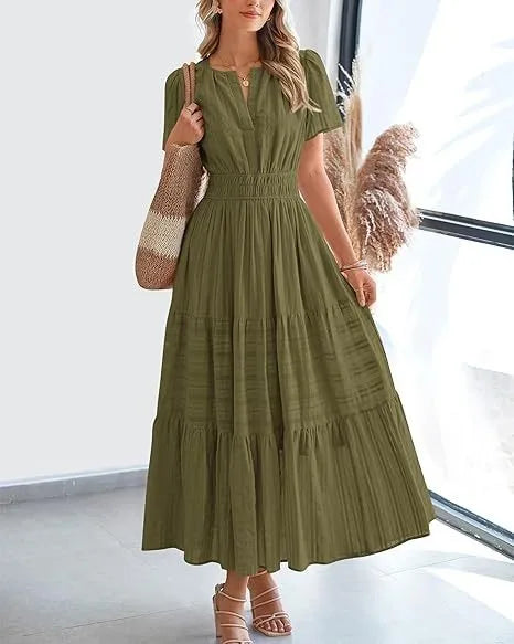 Robe longue plissée élégante style français à col en V pour femmes