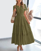 Robe longue plissée élégante style français à col en V pour femmes