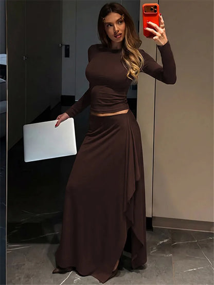 Ensemble Femme 2 Pièces Marron avec Jupe Asymétrique