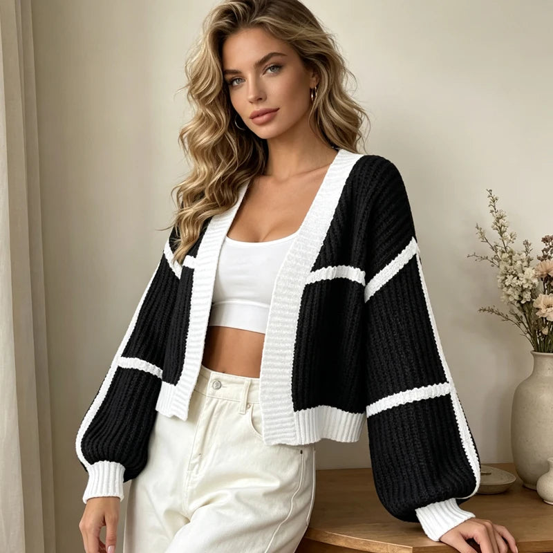 Cardigan Court Femme – Col V et Blocs de Couleurs