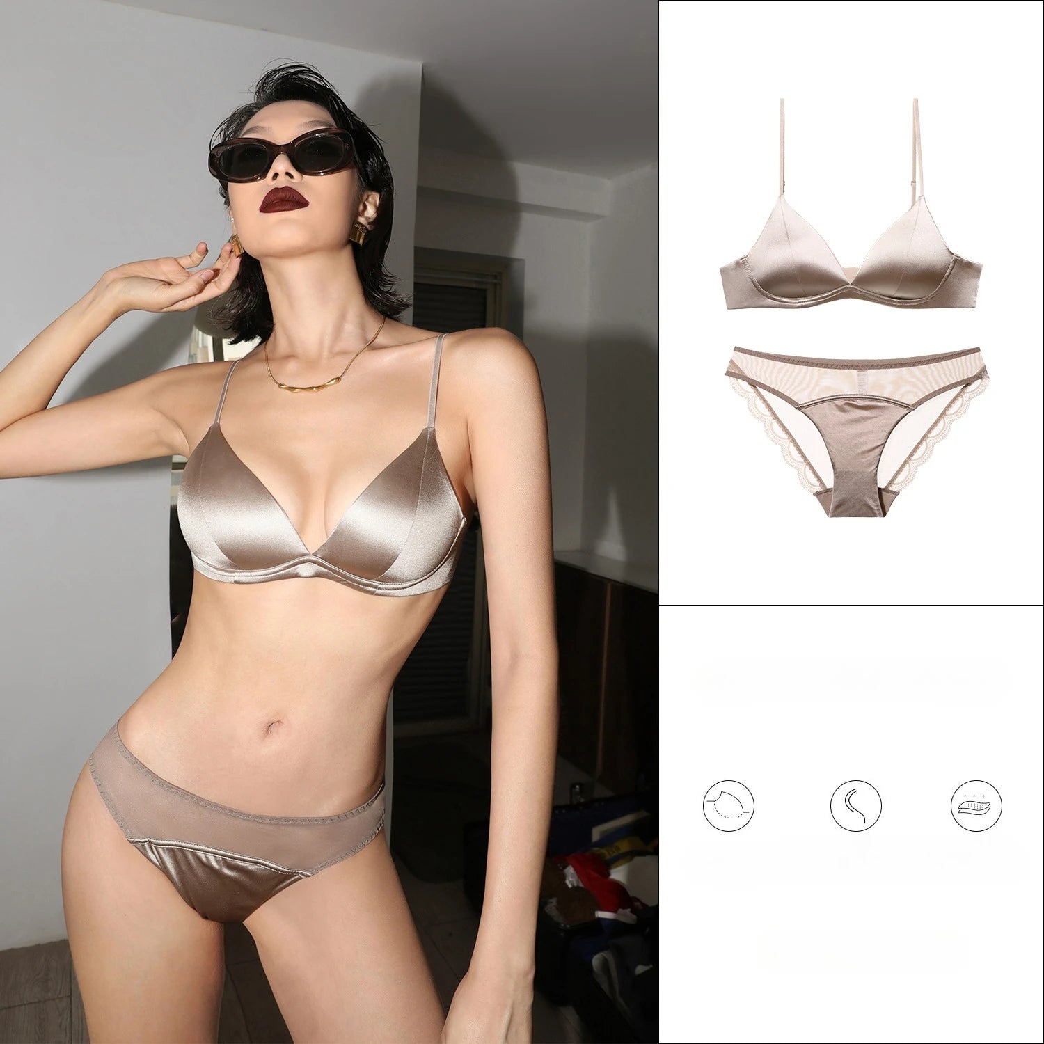 Ensemble soutien-gorge push-up sans armatures et culotte en dentelle pour femmes