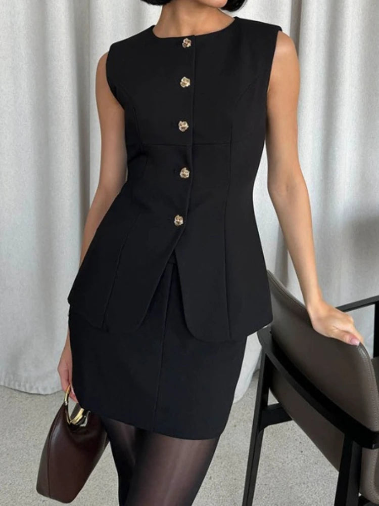 Ensemble 2 Pièces Noir Femme – Haut Sans Manches et Mini-Jupe