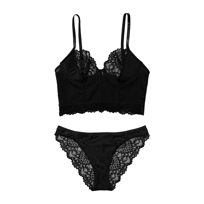 Ensemble de soutien-gorge à armatures en dentelle transparente et culotte assortie pour femmes