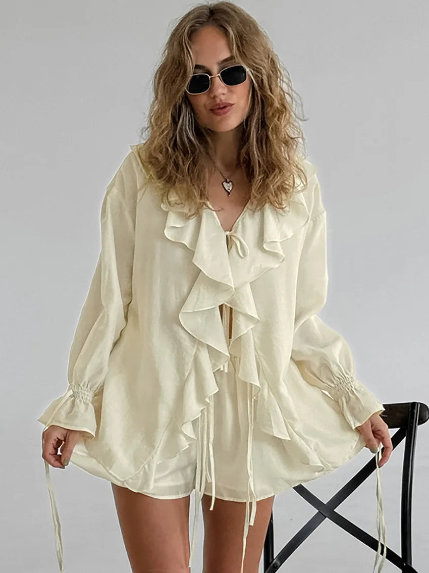 Ensembles deux pièces Cardigan à lacets, petit haut + short pour femmes