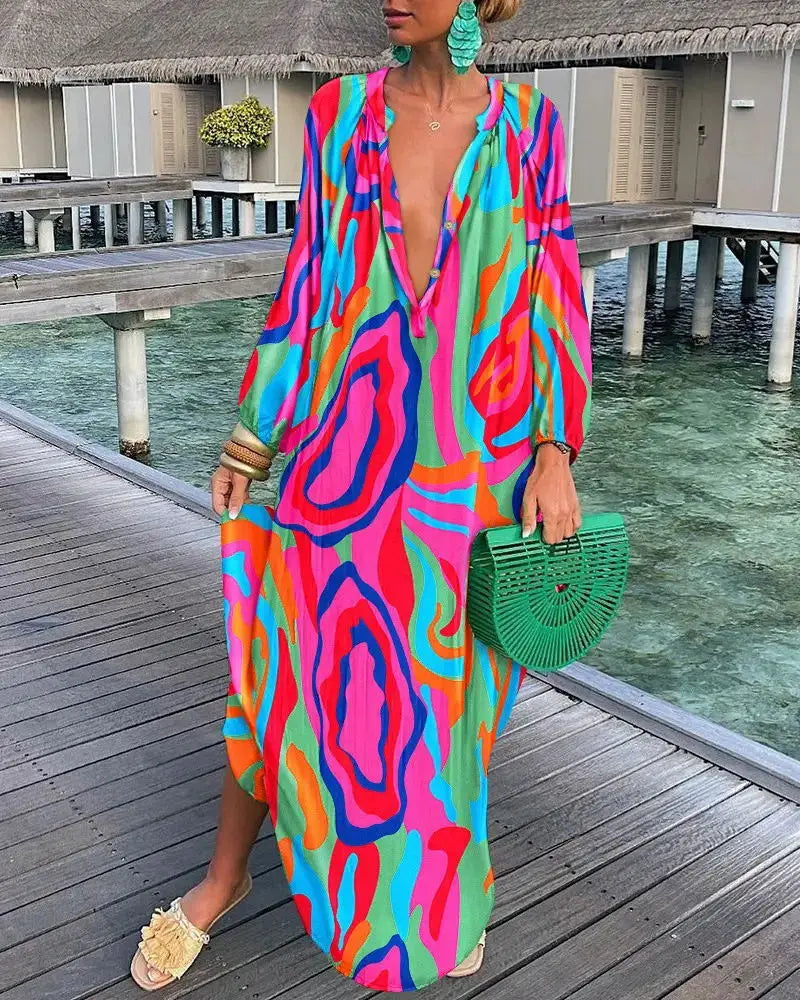 Robe longue imprimée à manches longues pour femmes