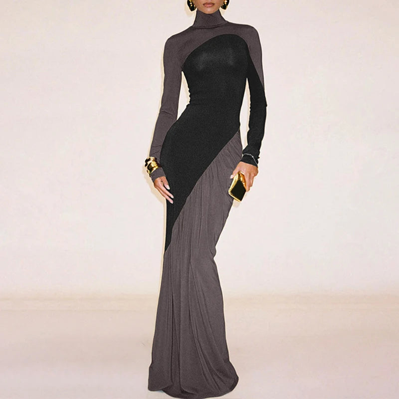 Robe longue femme ajustée multicolore à col montant et manches longues