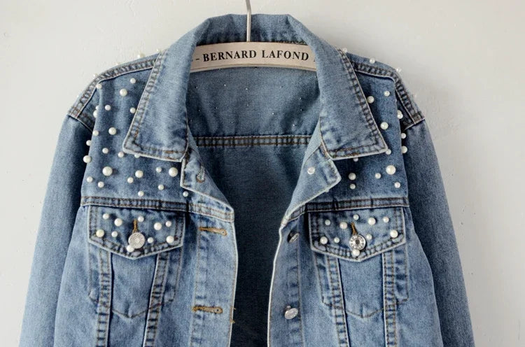 Veste en jean courte et amincissante à perles pour femmes