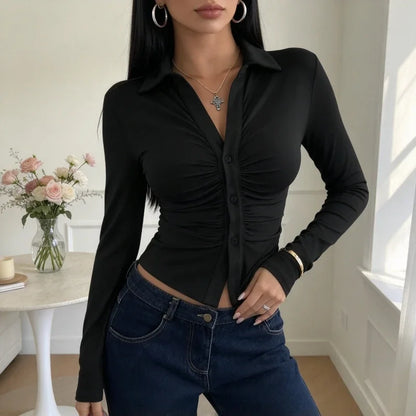 Chemisier Court Femme – Col V et Manches Froncées