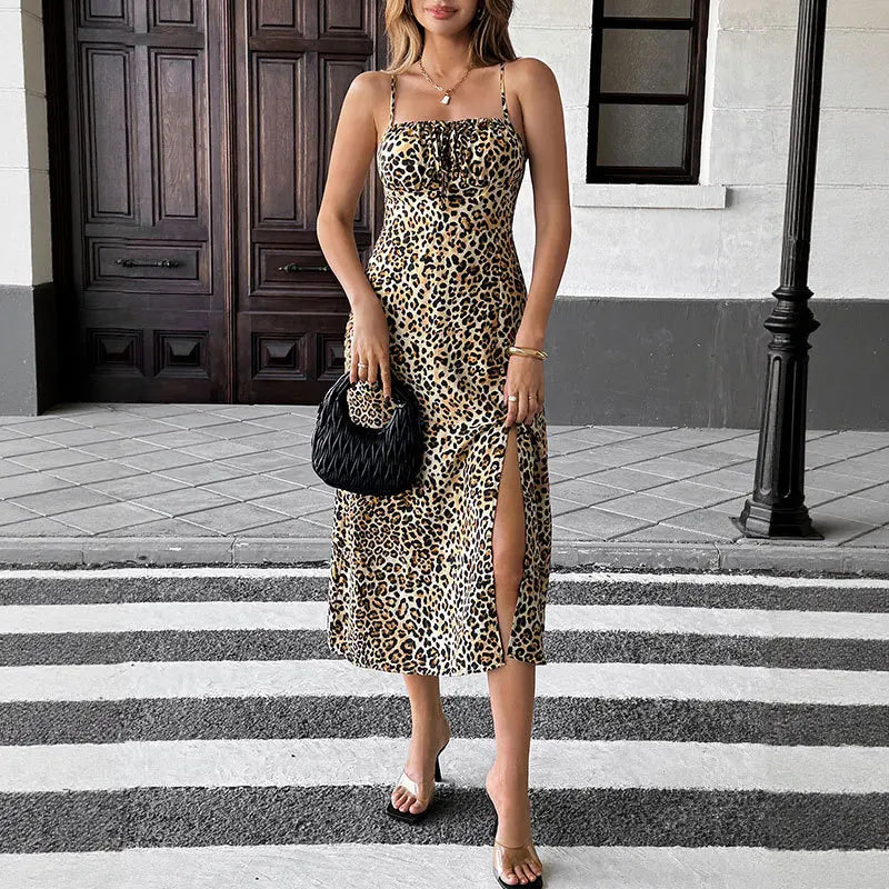 Robe rétro imprimé léopard à lacets pour femmes