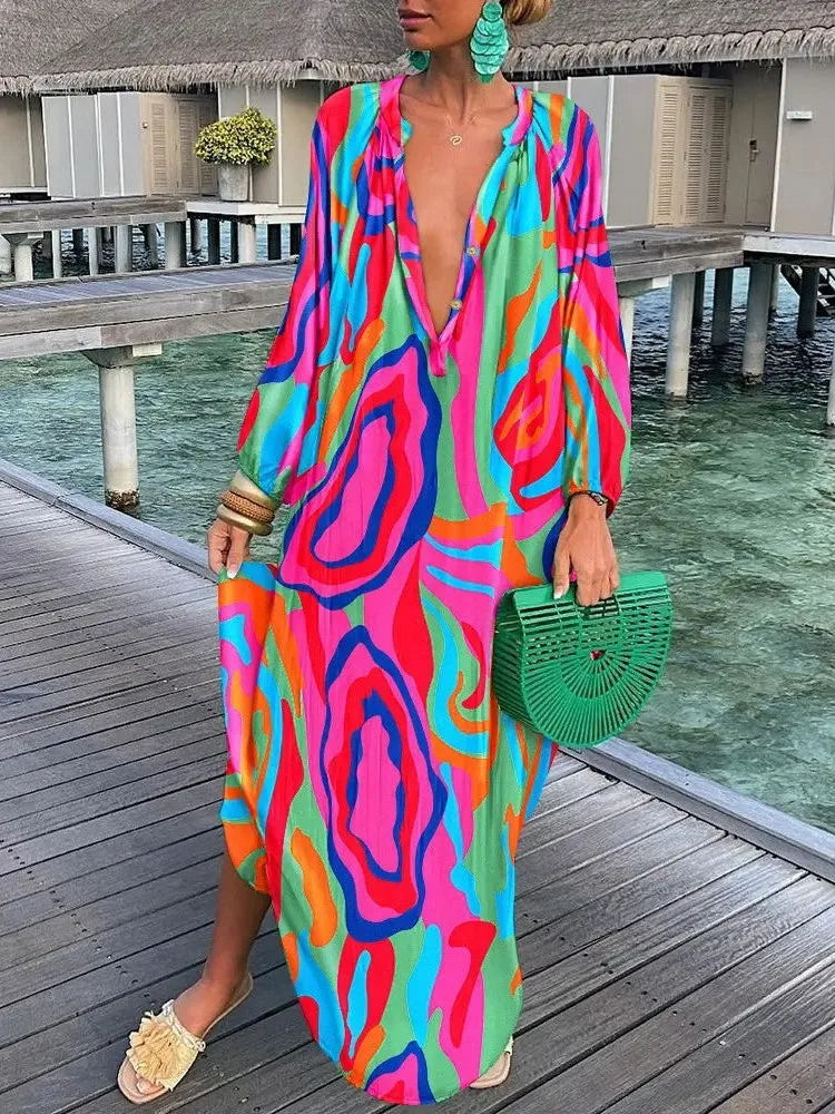 Robe longue imprimée à manches longues pour femmes