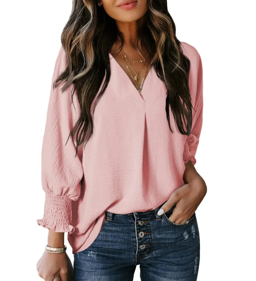 Chemise à col en V et manches longues lanterne pour femmes