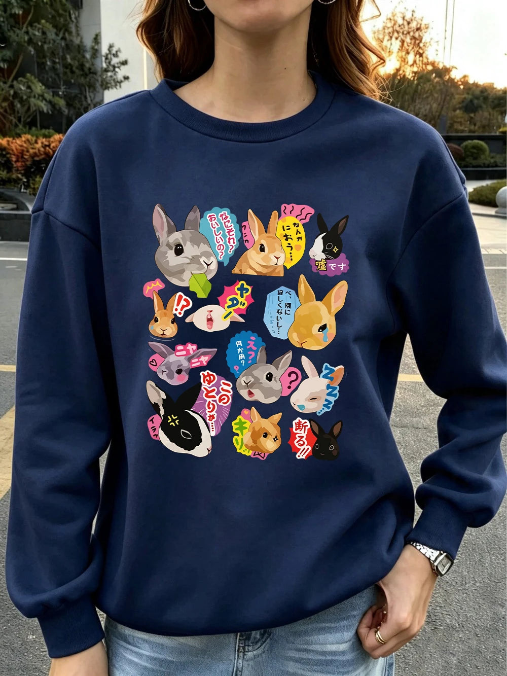 Sweat-shirts à imprimés lapins japonais pour femmes