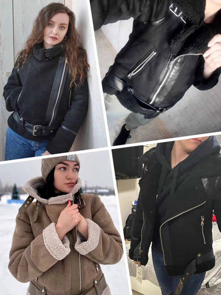 Veste courte épais en daim agneau pour femmes