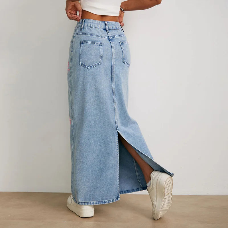 Jupe en jean brodée avec nœud style années 2020 pour femmes