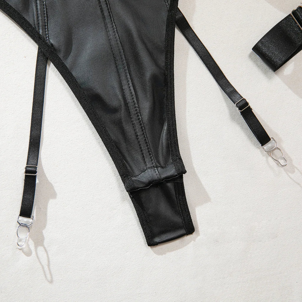Body moulante en maille en cuir PU pour femmes