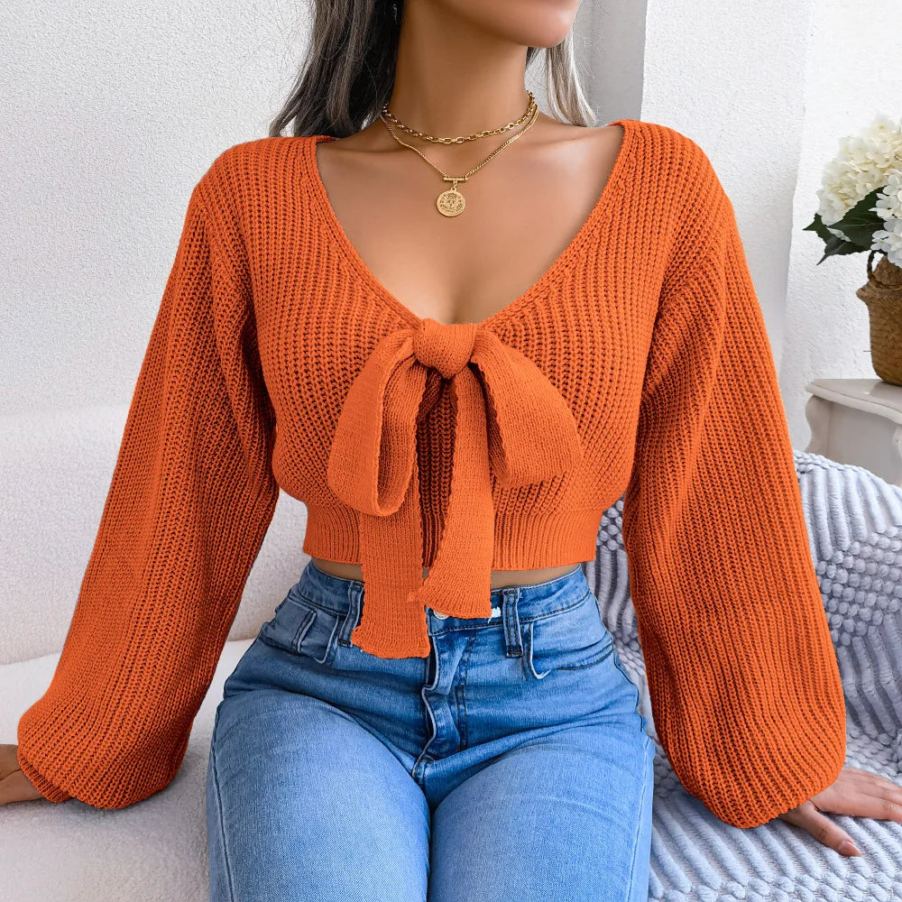 Pull Court Femme – Nœud Décoratif et Manches Évasées