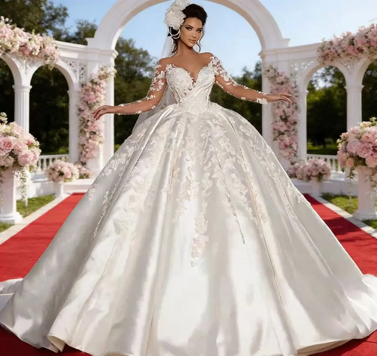 Robe de mariée à manches longues en dentelle brodée pour femmes