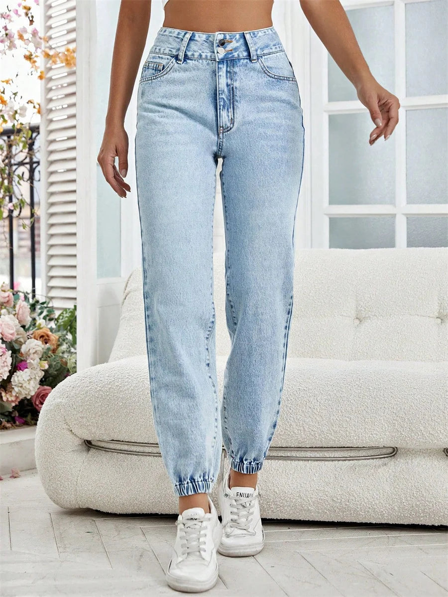 Jean ample bleu vintage à boutons pour femmes