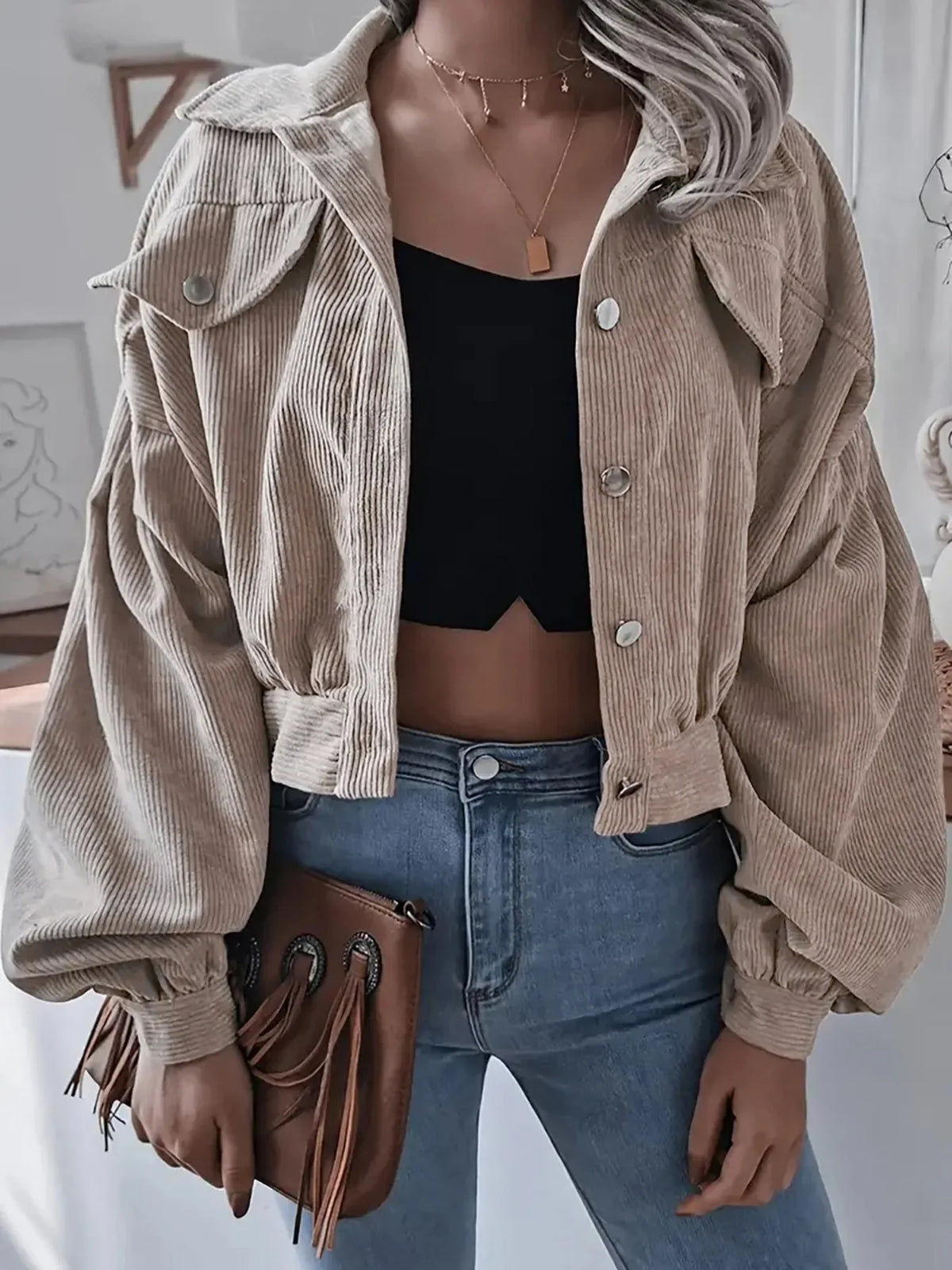Veste Courte en Velours Côtelé Femme – Manches Lanterne