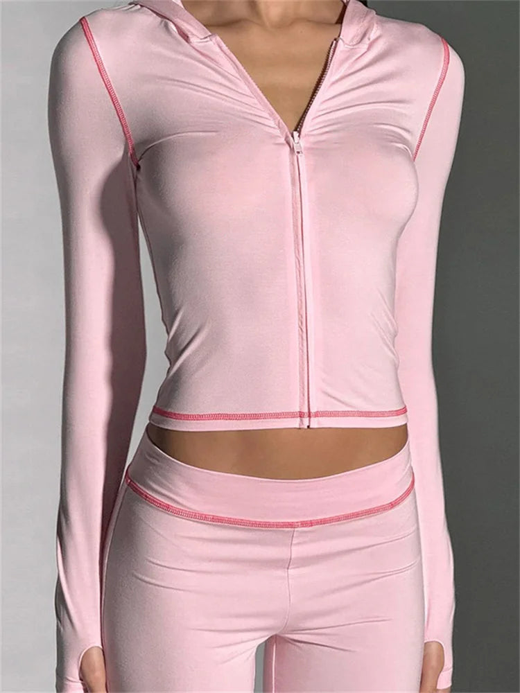 Ensemble 2 Pièces Imprimé haut court slim à capuche et pantalon taille haute contrastés pour femmes