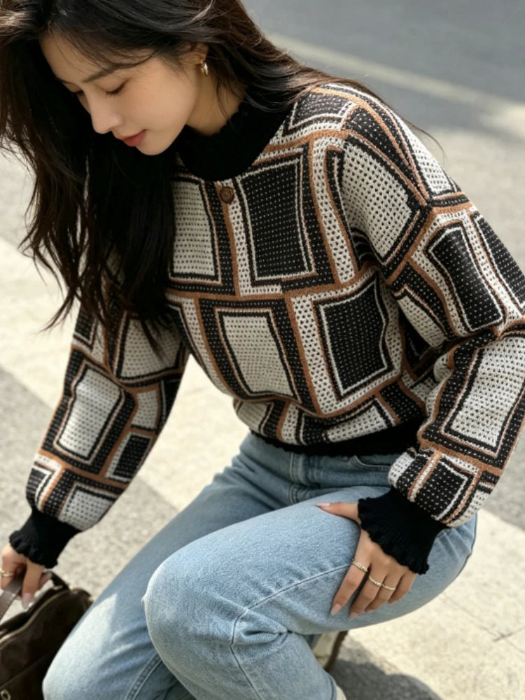 Chemisier Vintage à Carreaux Femme – Col Montant