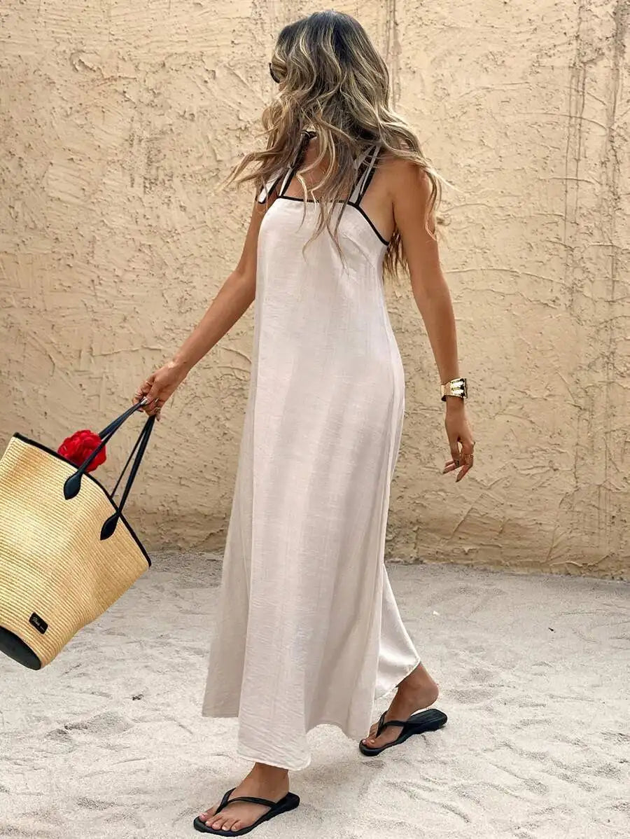 Robe Longue de Plage Femme – Épaules Dénudées et Laçage