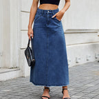 Jupe longue en jean vintage à poches amples et ourlet brut pour femmes