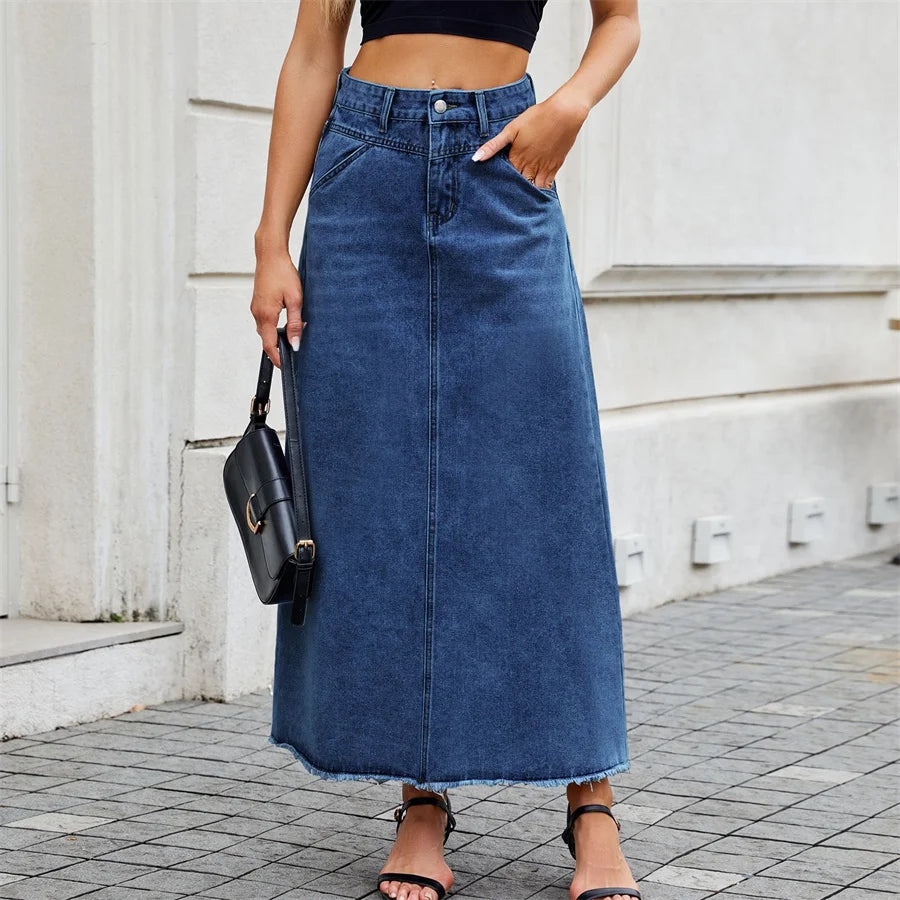 Jupe longue en jean vintage à poches amples et ourlet brut pour femmes