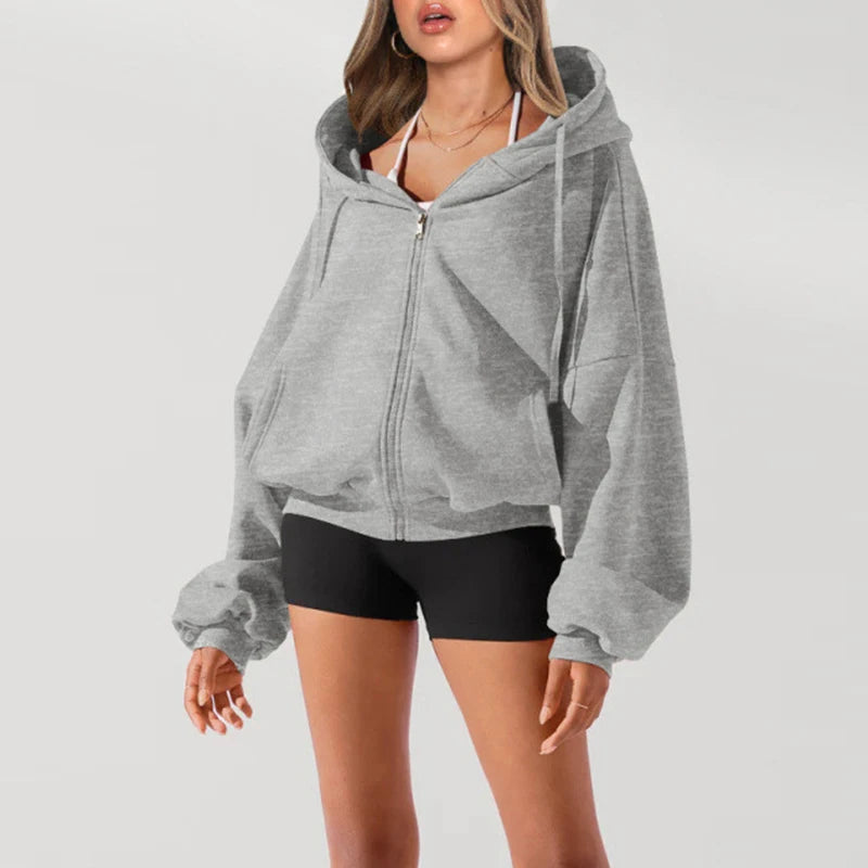 Veste de sport à capuche grise ample américaine pour femmes